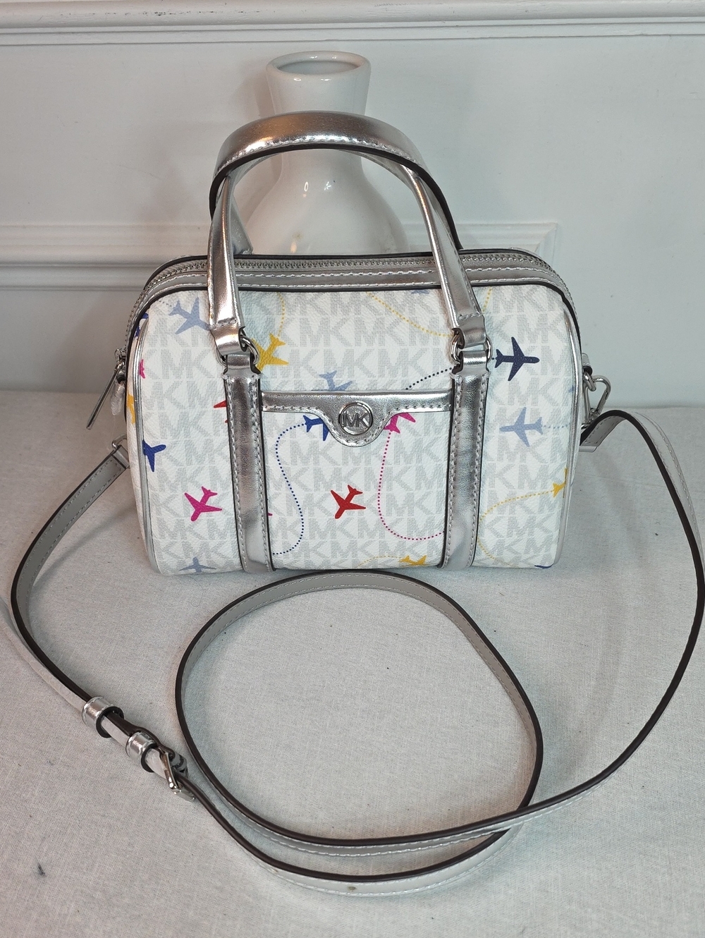 Michael Kors Silver & White Travel Print Mini Duffel Satchel